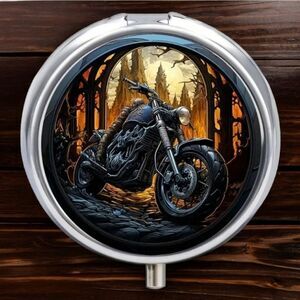 Motorcycle Pill Box Medicine Mini Steel Case Mirror Travel Purse Compact Rider